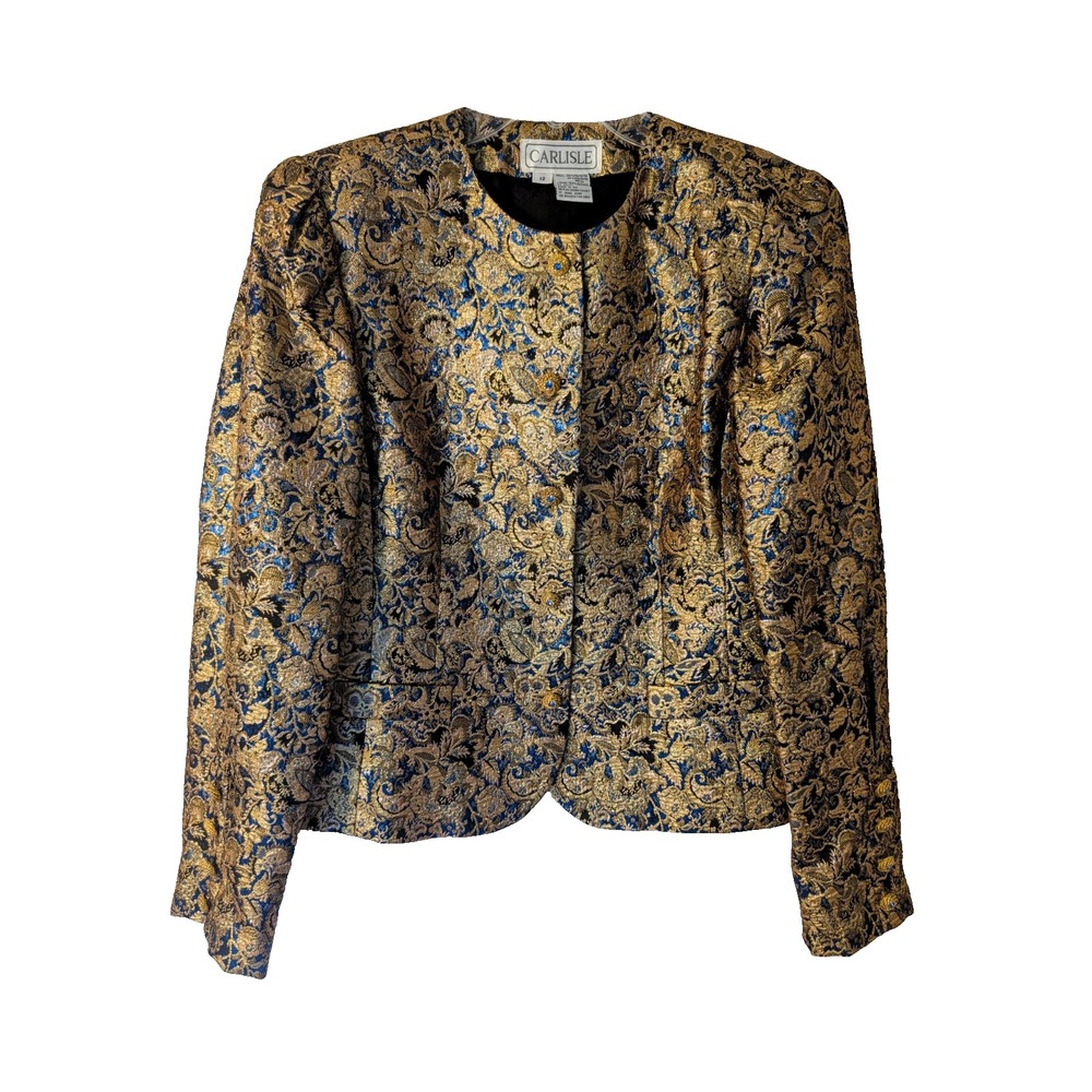 VTG Carlisle Metallic Gold Blue Brocade Floral Tapestry Jacket 12 Regency Luxe